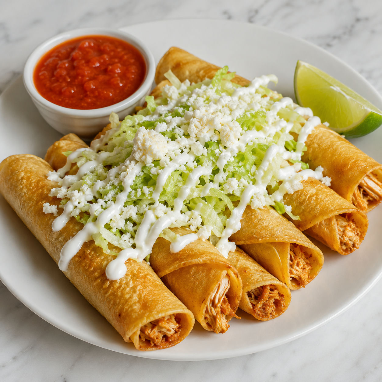 Crispy golden Mexican chicken flautas topped with shredded lettuce, cotija cheese, and sour cream on a white plate