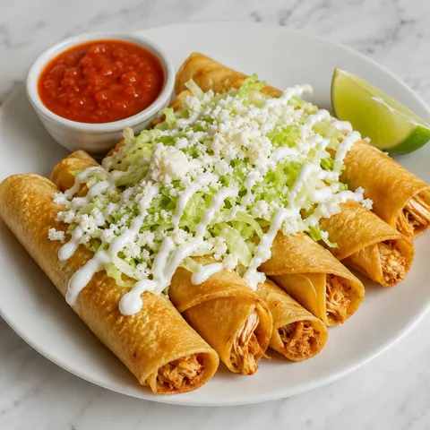 Crispy golden Mexican chicken flautas topped with shredded lettuce, cotija cheese, and sour cream on a white plate