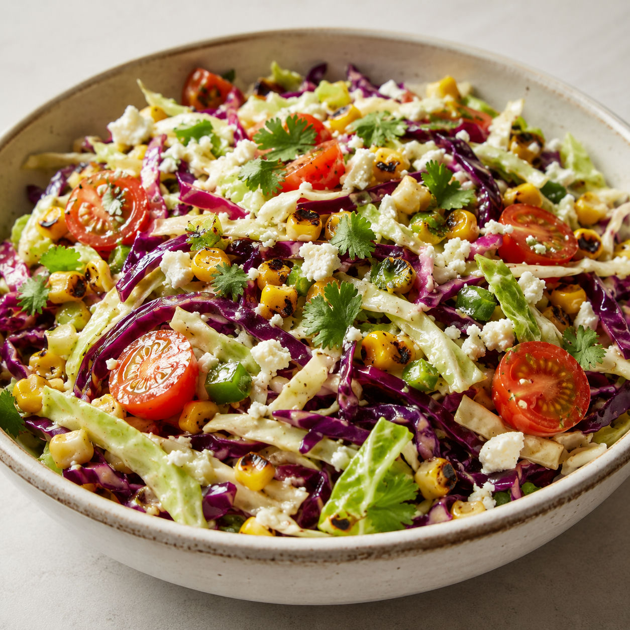 Mexican coleslaw with roasted corn, cherry tomatoes, jalapeño, cilantro, and cotija in a ceramic bowl
