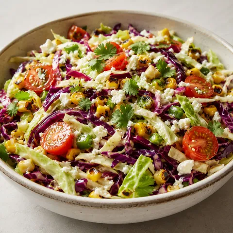 Mexican coleslaw with roasted corn, cherry tomatoes, jalapeño, cilantro, and cotija in a ceramic bowl