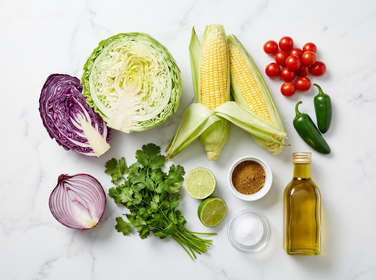 Raw ingredients for Mexican coleslaw including cabbage, corn, tomatoes, jalapeños, limes, and cilantro on a wood surface