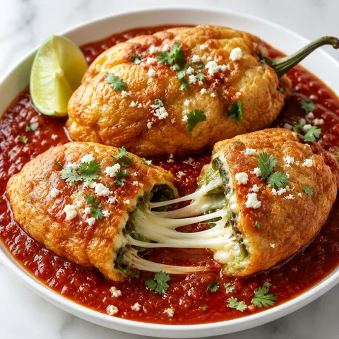 Two golden Hatch chile rellenos in red salsa roja with melted cheese and cilantro on a white plate