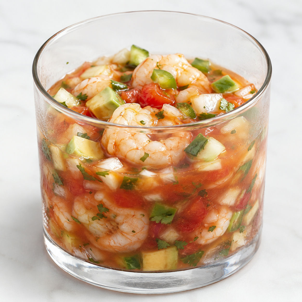 Mexican shrimp cocktail with avocado, cilantro, lime, and tostadas