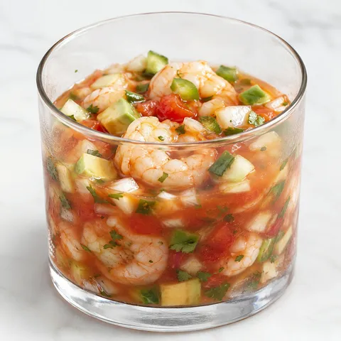 Mexican shrimp cocktail with avocado, cilantro, lime, and tostadas