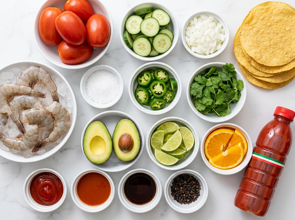 Ingredients for Mexican shrimp cocktail with shrimp, avocado, lime, and tomatoes