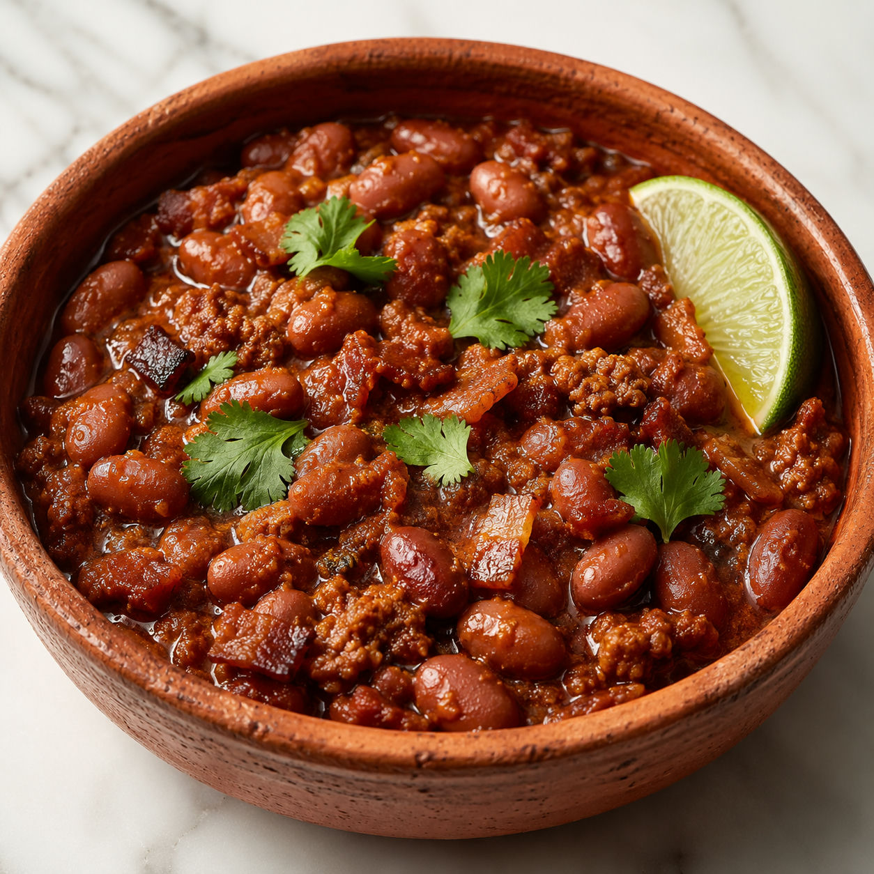 Mexican style chili beans with chorizo and cilantro in a terracotta bowl