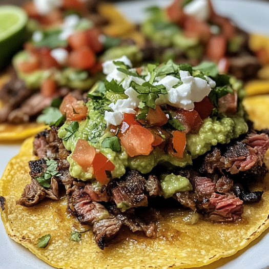 Mexican Tostadas de Carne Asada with Flank Steak and Fresh Toppings