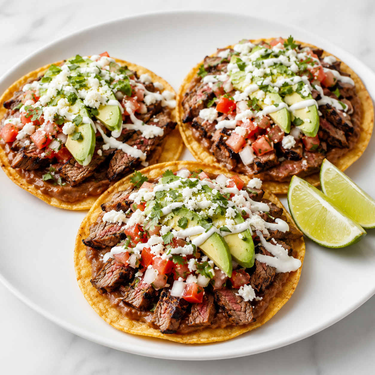 Carne asada tostadas with beans, avocado, cotija, pico, and lime