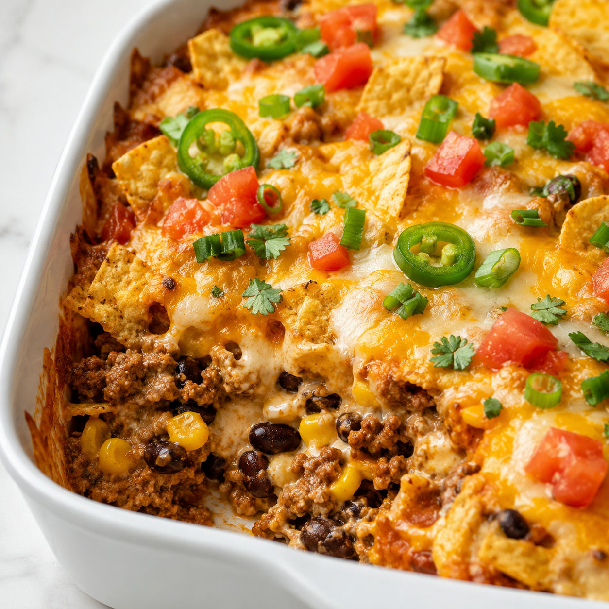 Mexican White Trash Casserole with beef, chips, melted cheese, and fresh toppings