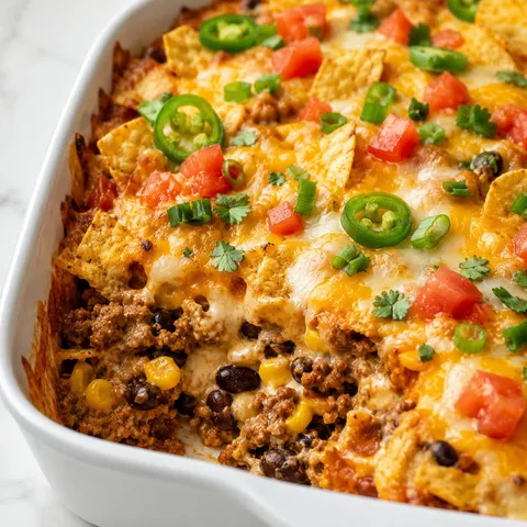 Mexican White Trash Casserole with beef, chips, melted cheese, and fresh toppings