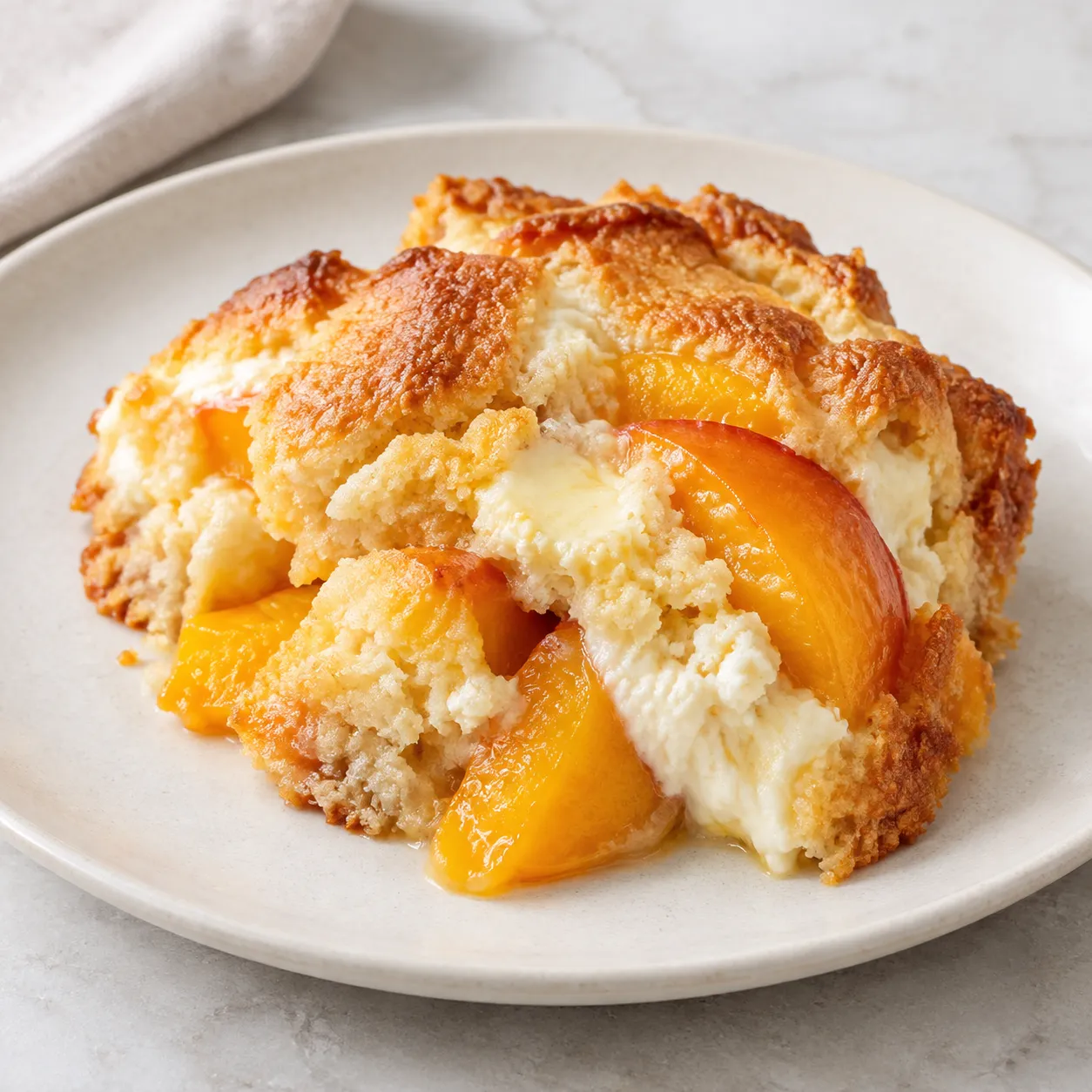 Peach cream cheese cobbler with golden edges