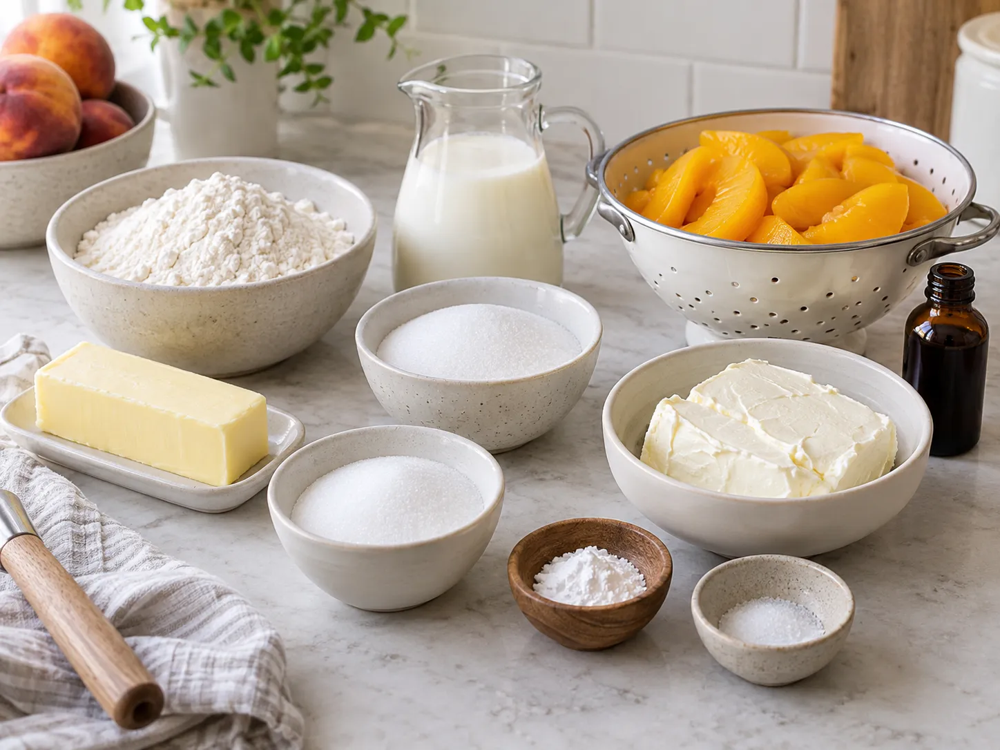 Peaches, butter, flour, milk and cream cheese for cobbler