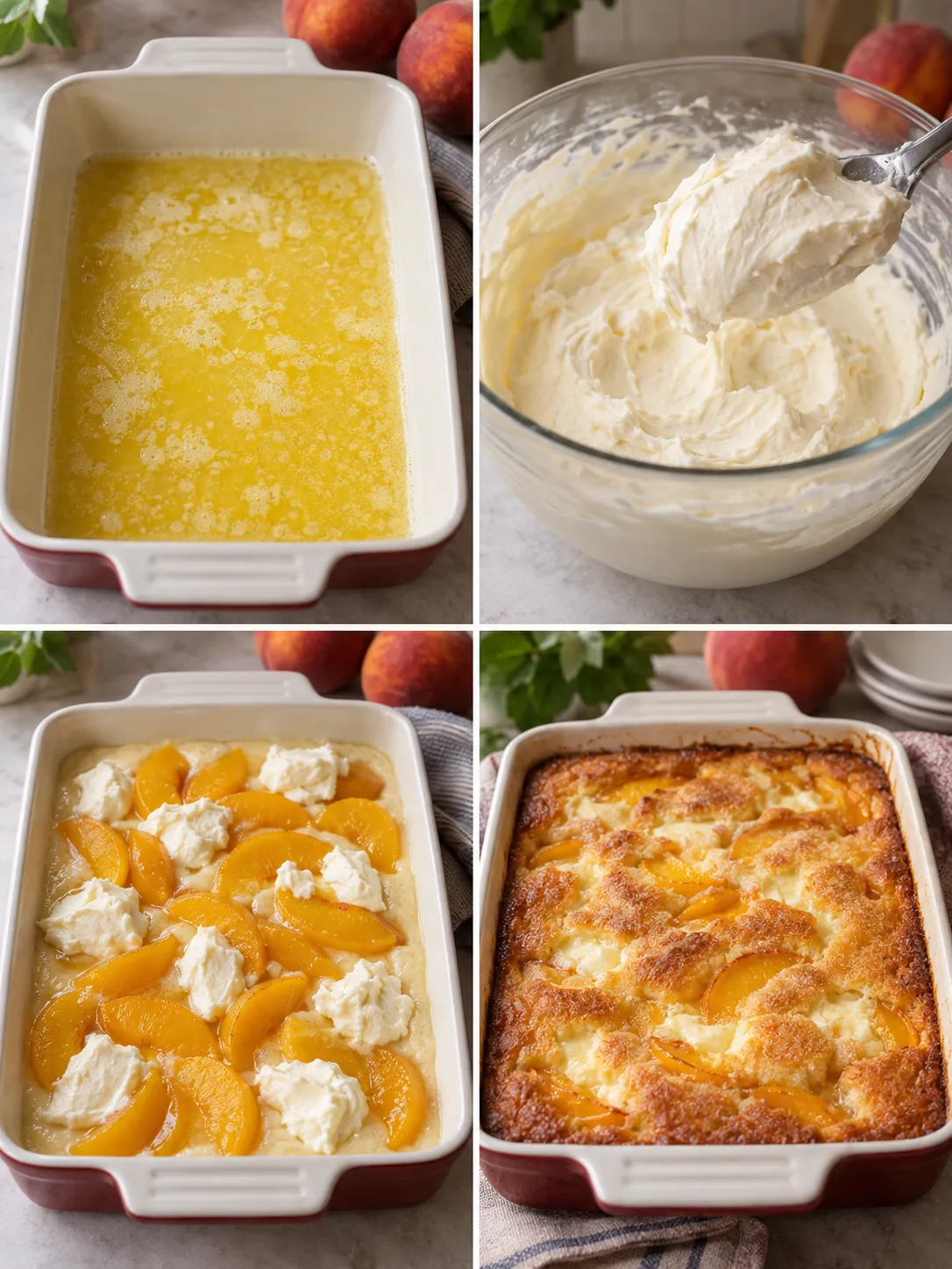 Preparing peach cobbler from butter and batter to the baked dessert