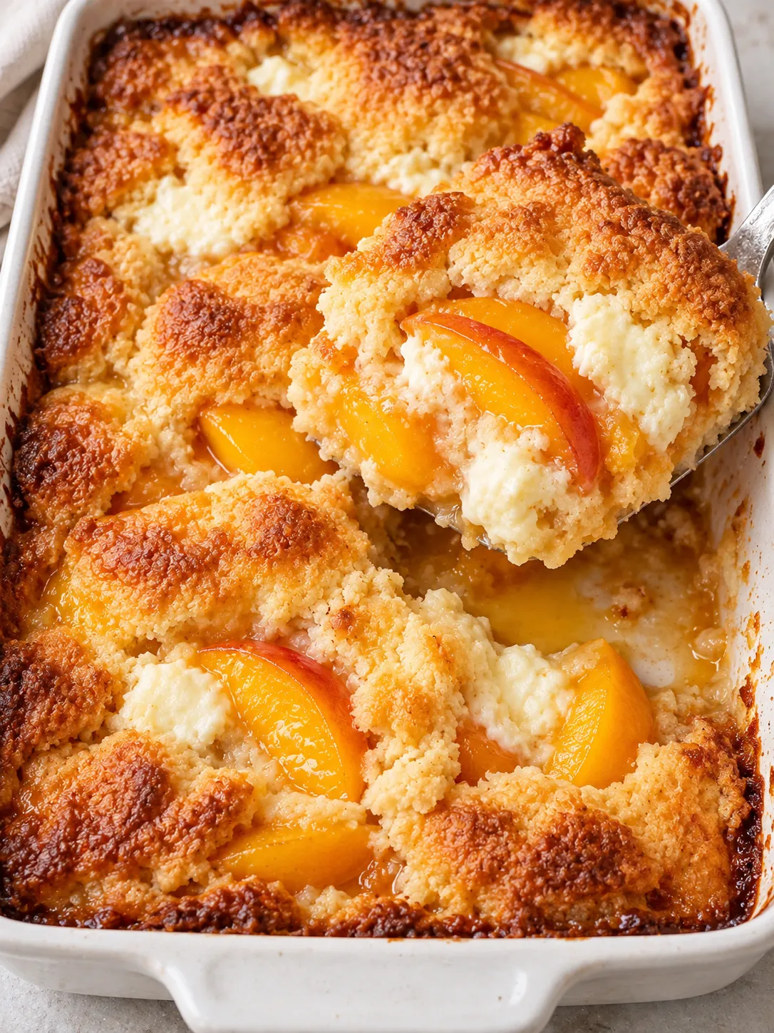 Golden peach cream cheese cobbler ready to serve
