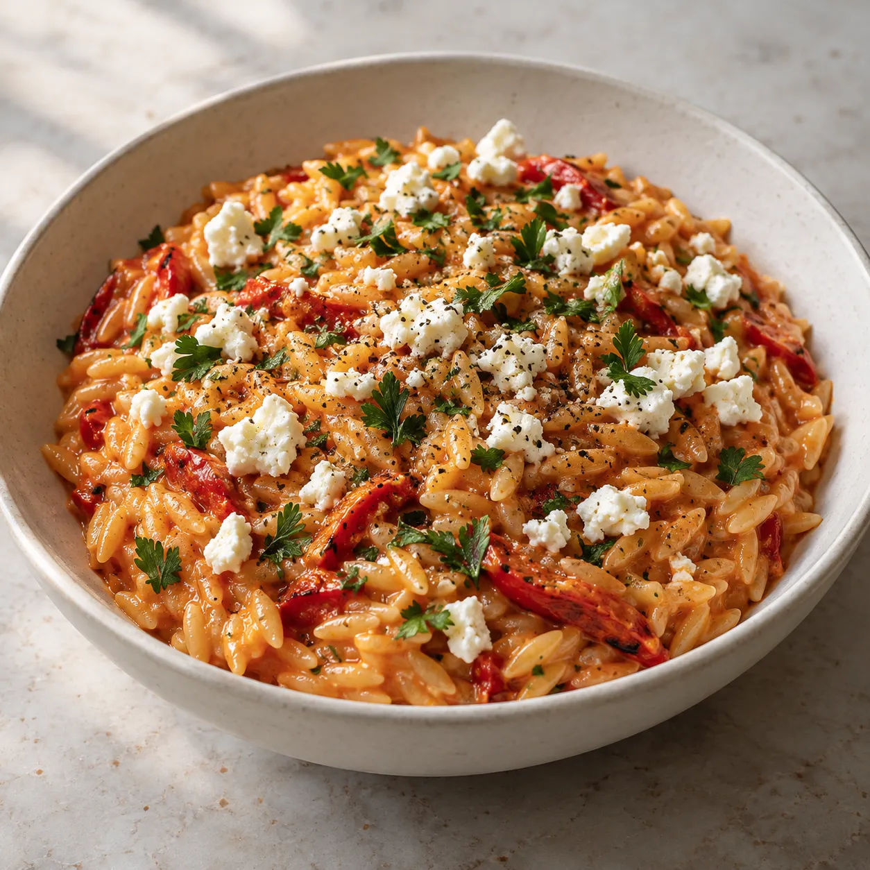 Roasted Pepper and Feta Orzo