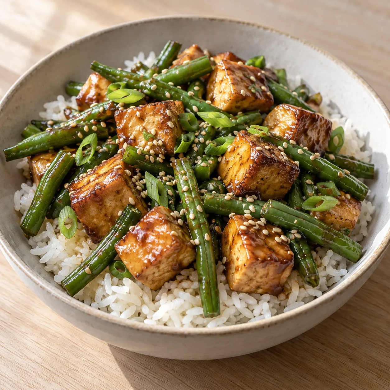 Sesame Tofu and Green Bean Rice Bowls