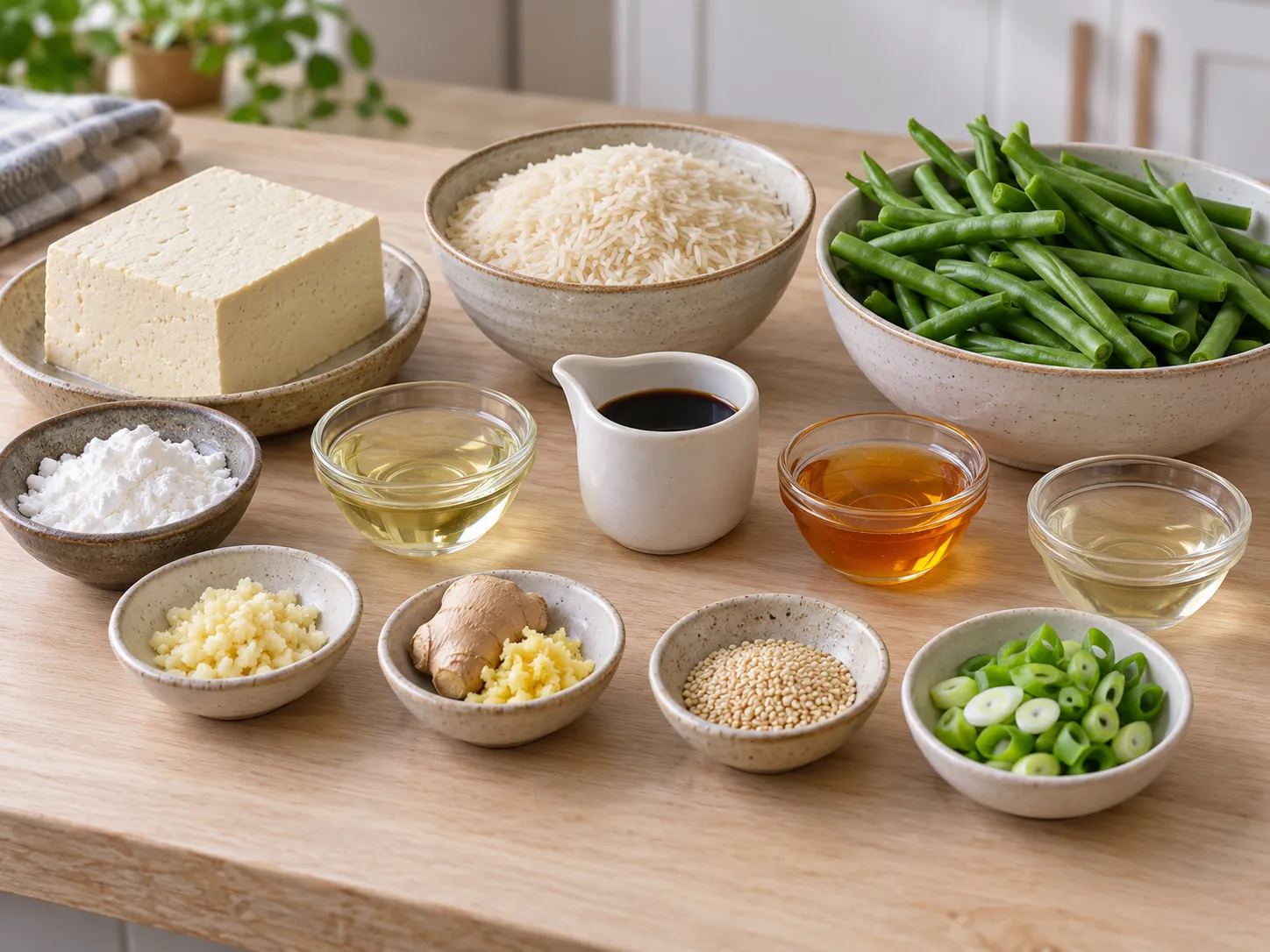 Sesame Tofu and Green Bean Rice Bowls