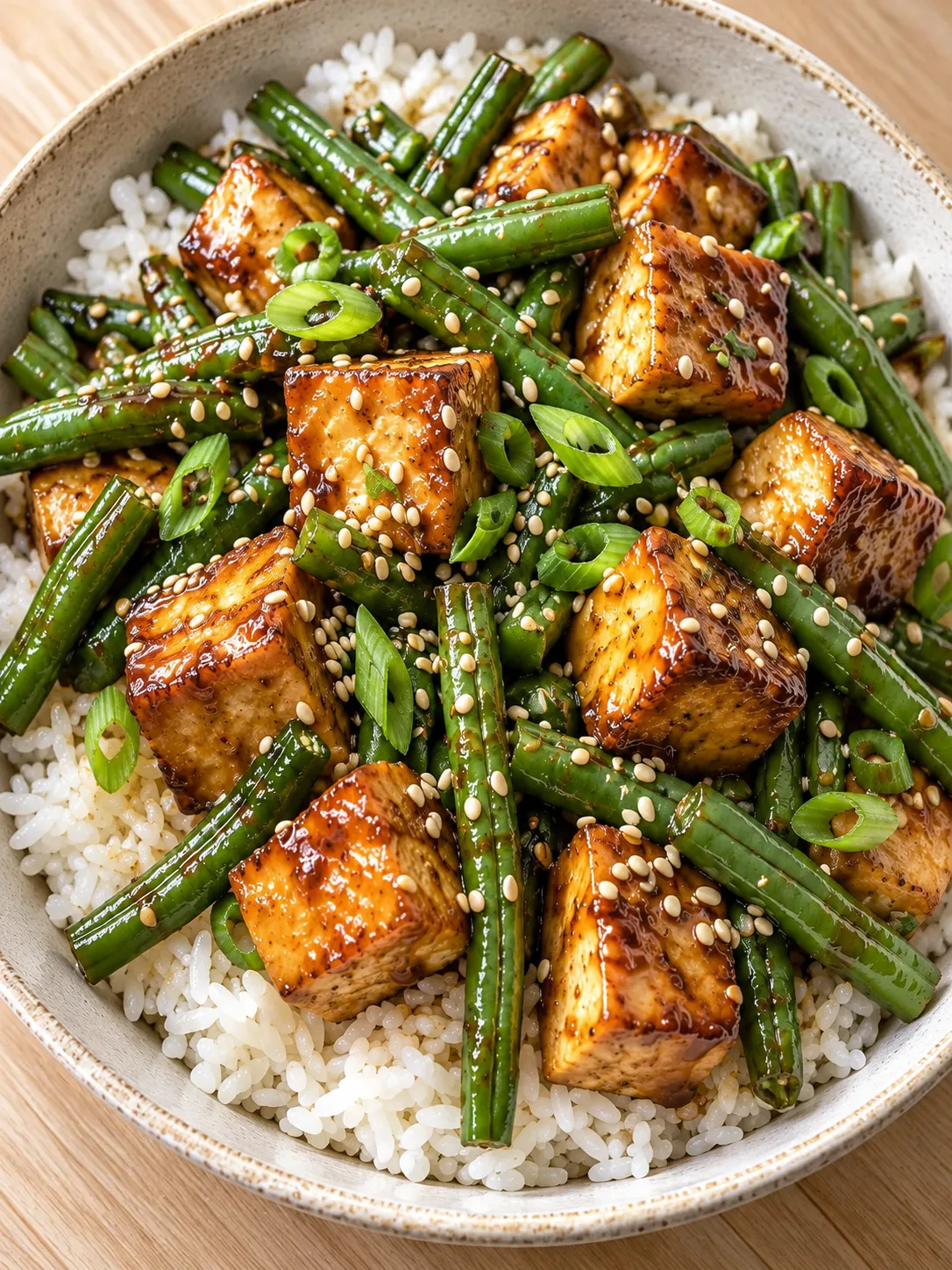 Sesame Tofu and Green Bean Rice Bowls