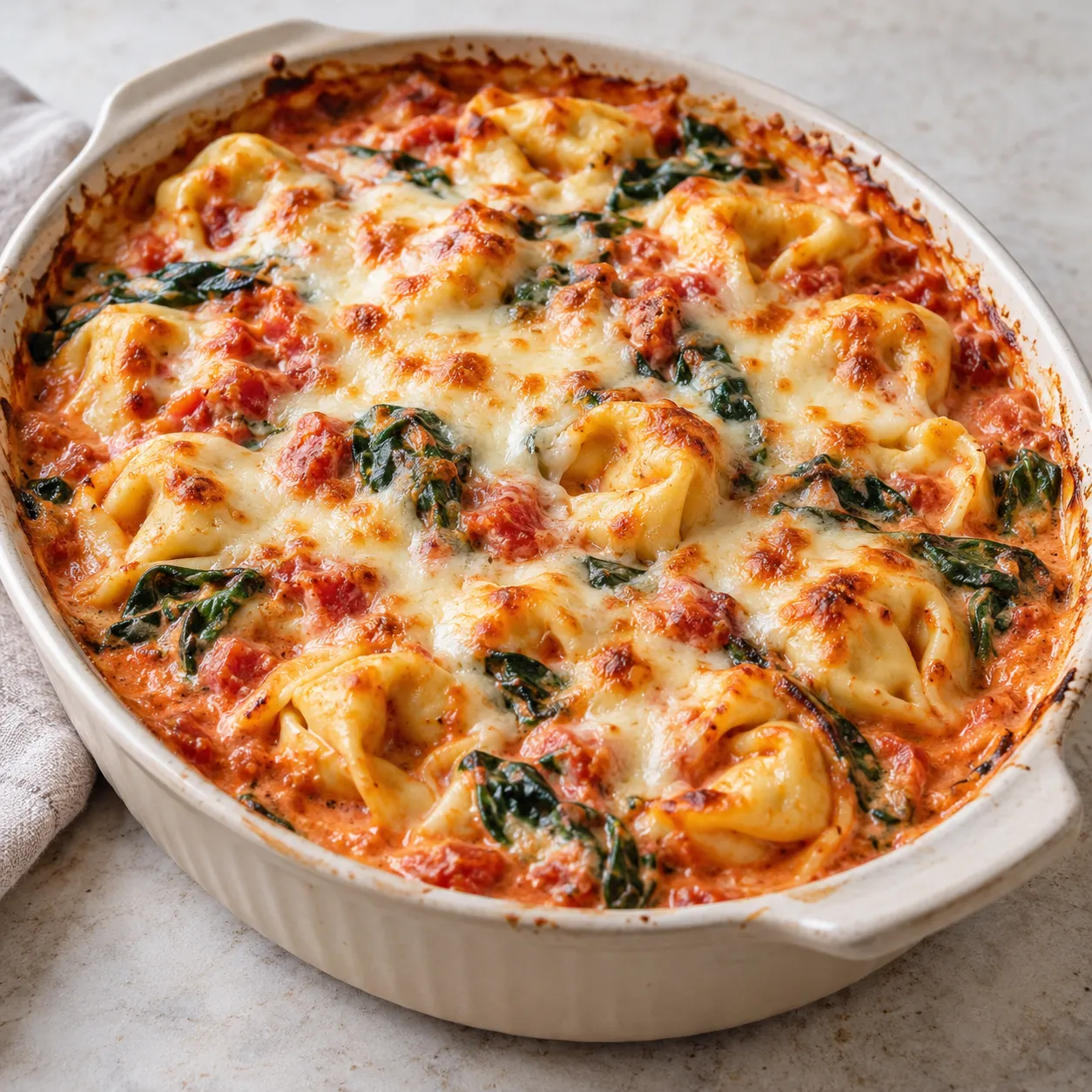 Creamy Tomato Spinach Tortellini Bake