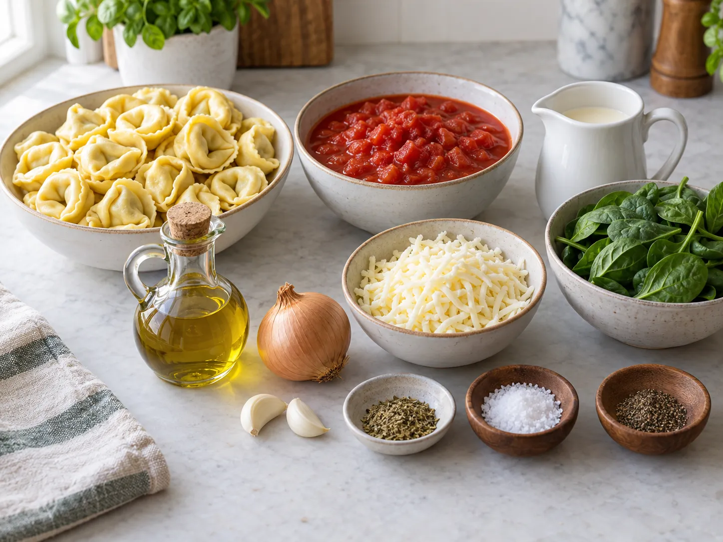 Creamy Tomato Spinach Tortellini Bake