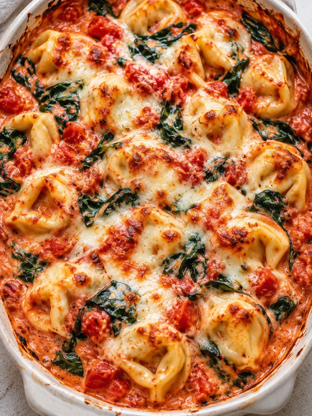 Creamy Tomato Spinach Tortellini Bake