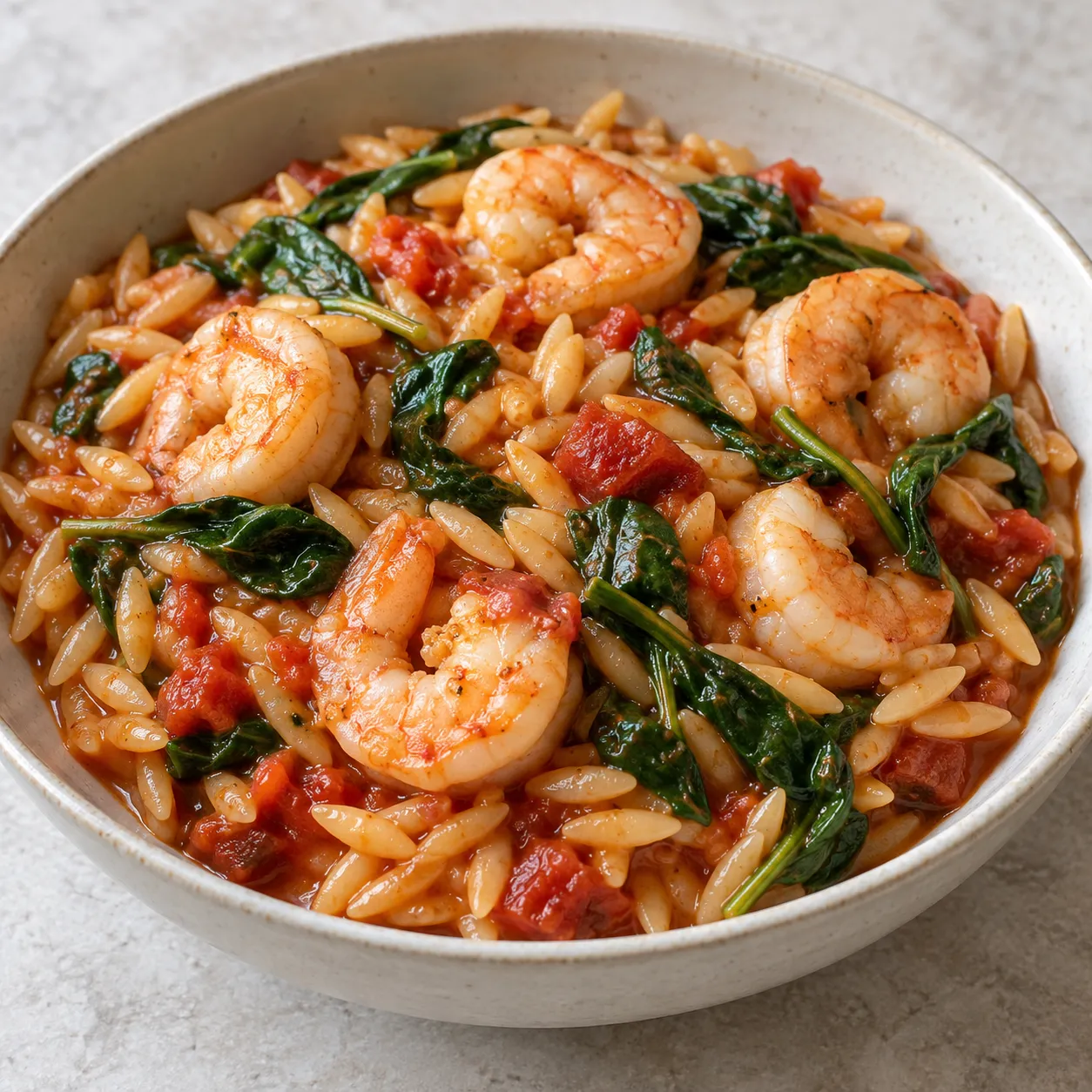 Tomato Shrimp and Spinach Orzo