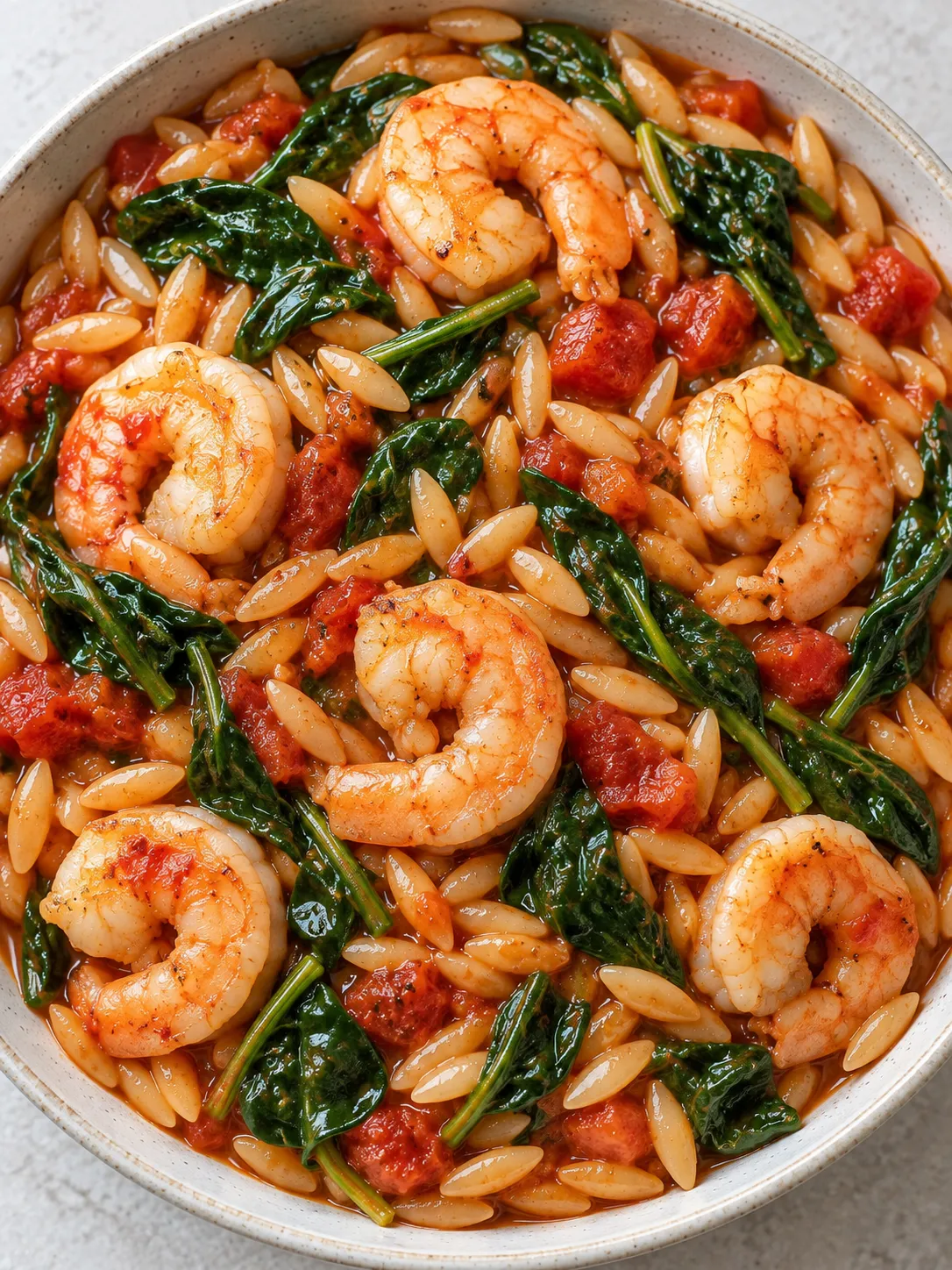 Tomato Shrimp and Spinach Orzo
