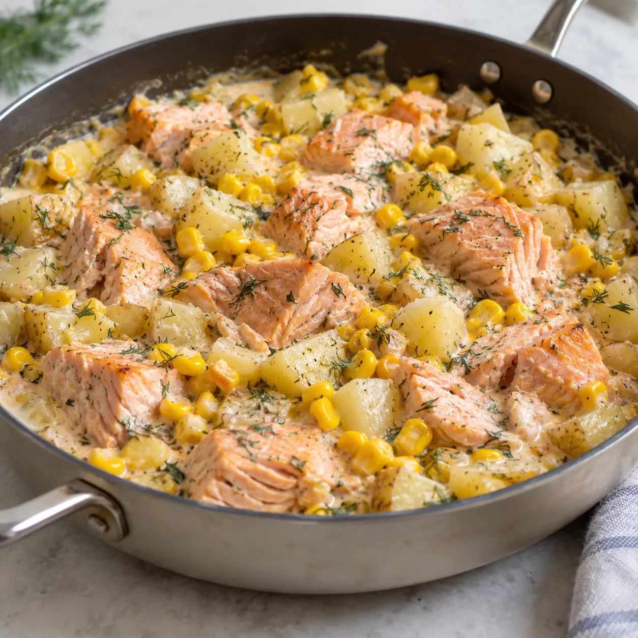 Creamy Salmon and Sweetcorn Potato Skillet
