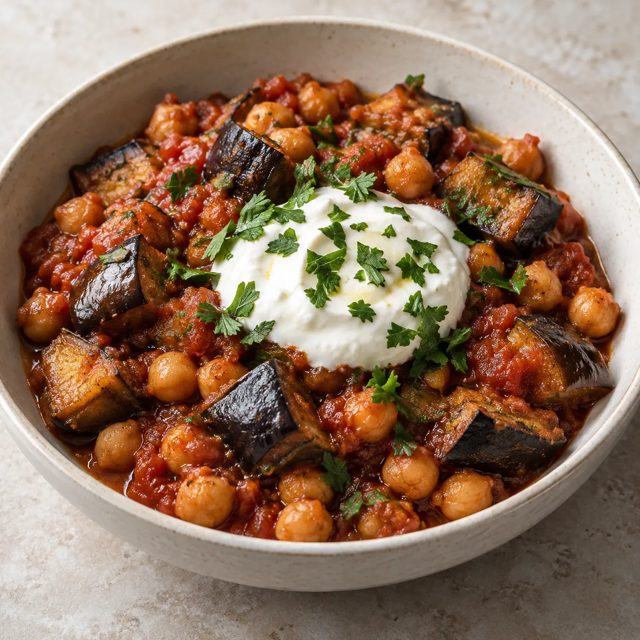 Roasted Eggplant and Chickpea Tomato Bowls