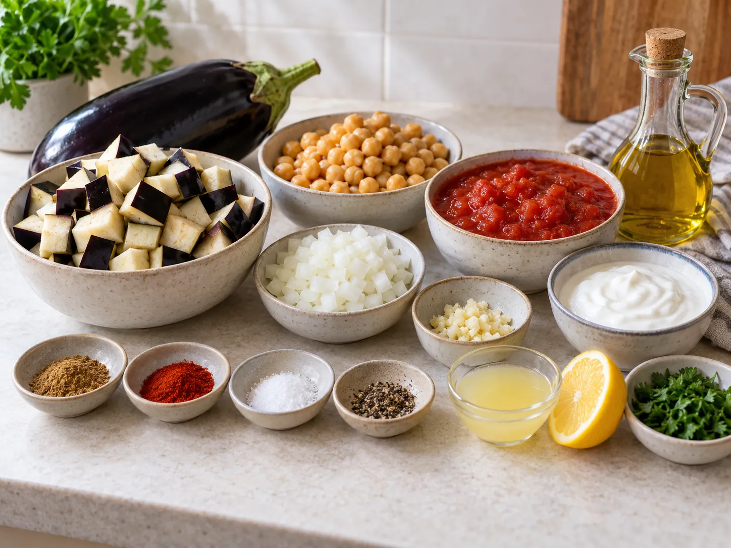 Roasted Eggplant and Chickpea Tomato Bowls