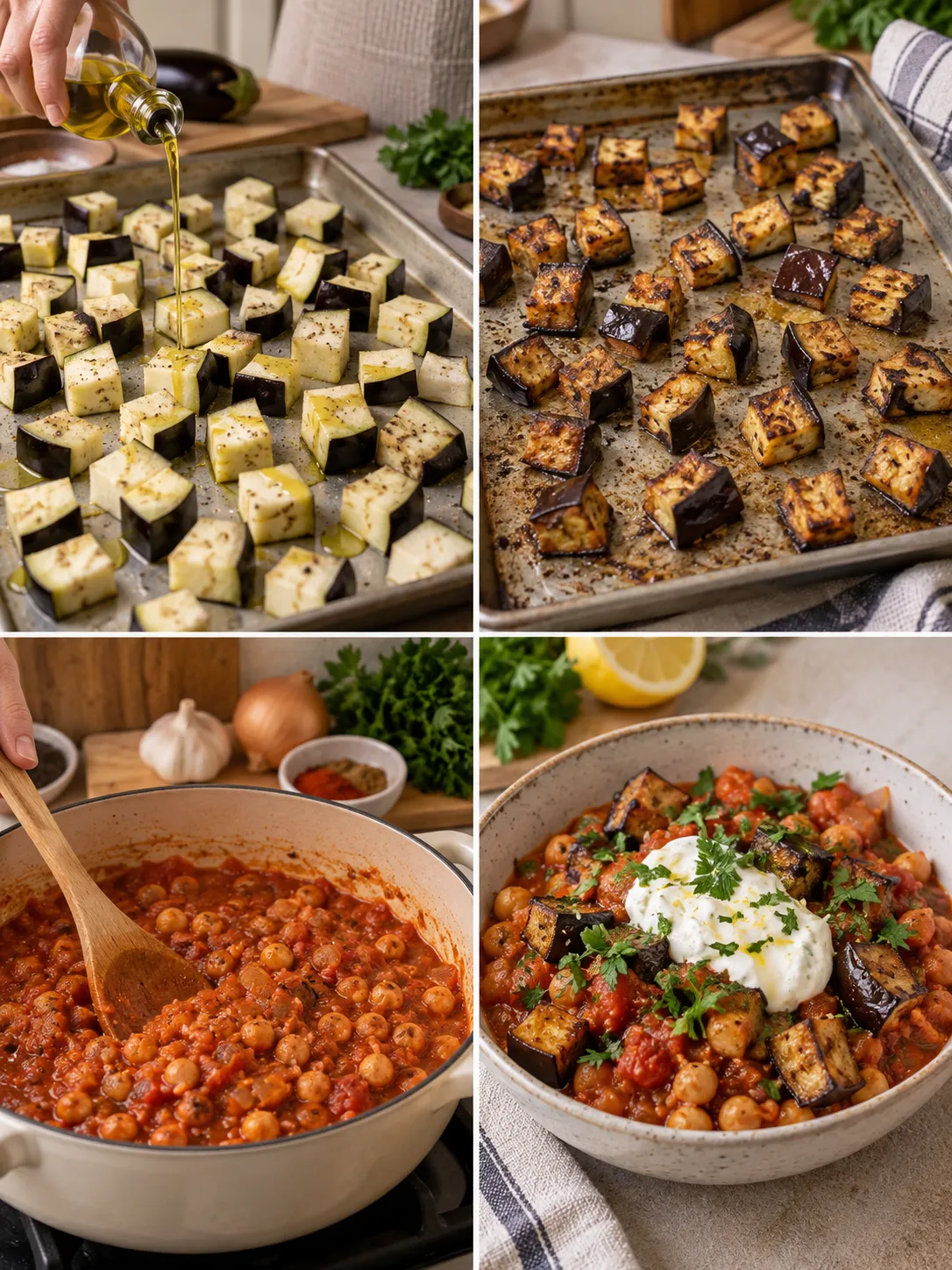 Roasted Eggplant and Chickpea Tomato Bowls