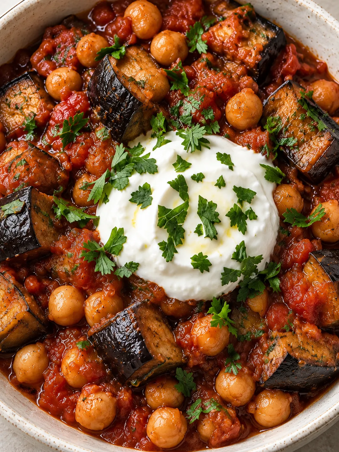 Roasted Eggplant and Chickpea Tomato Bowls