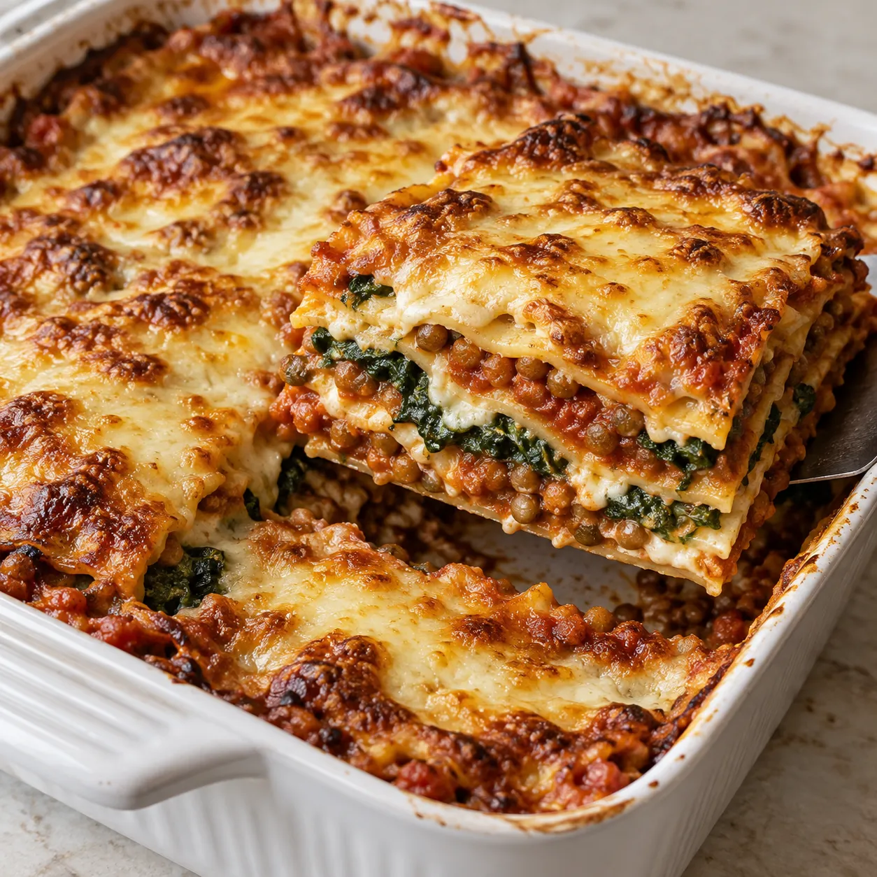 Creamy Tomato Lentil and Spinach Lasagne