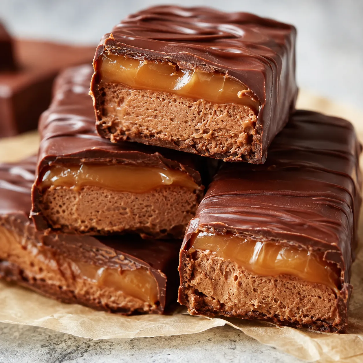 Homemade Milky Way bars with caramel nougat and chocolate coating