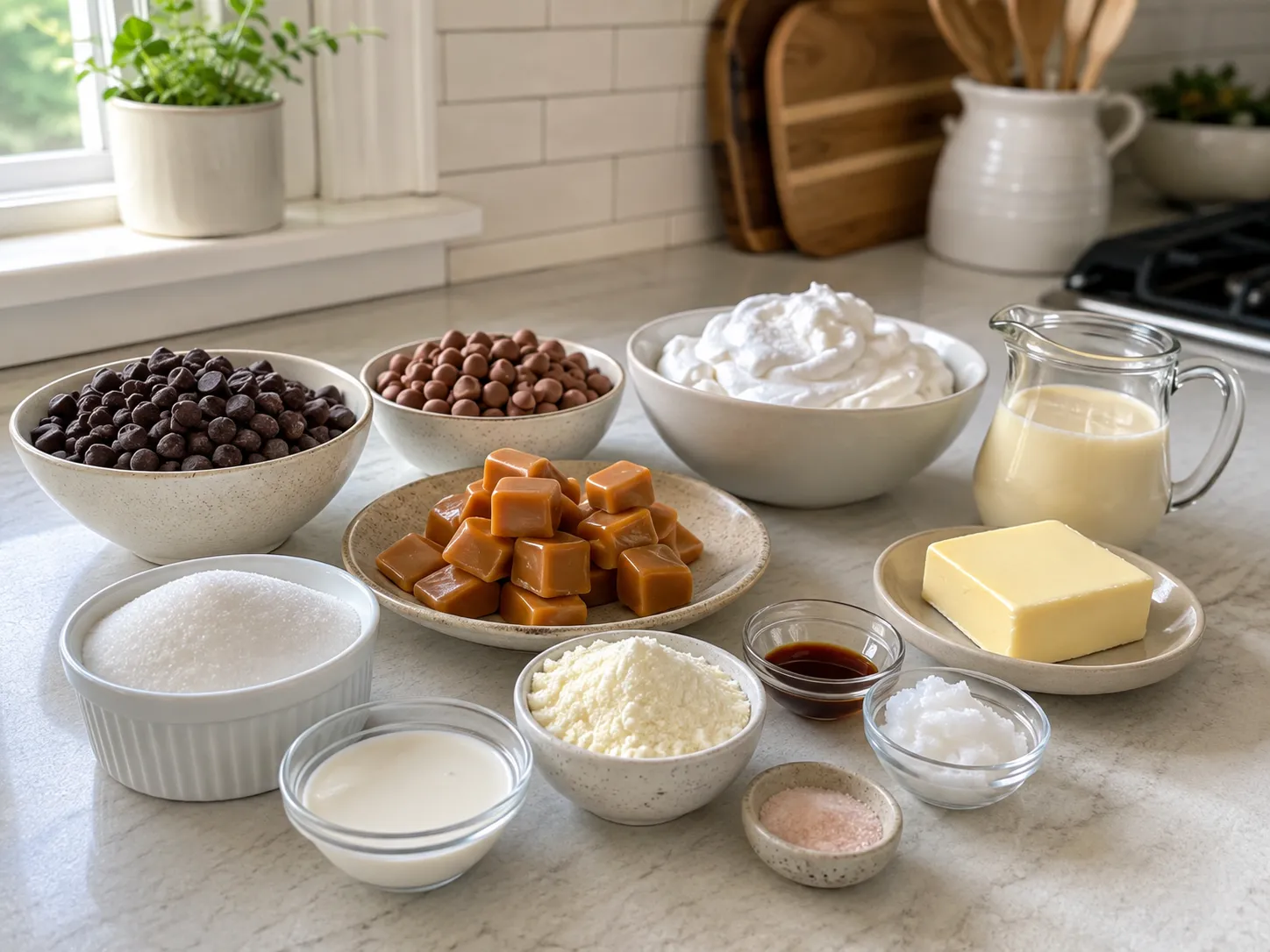 Ingredients for homemade Milky Way bars with chocolate caramel and nougat