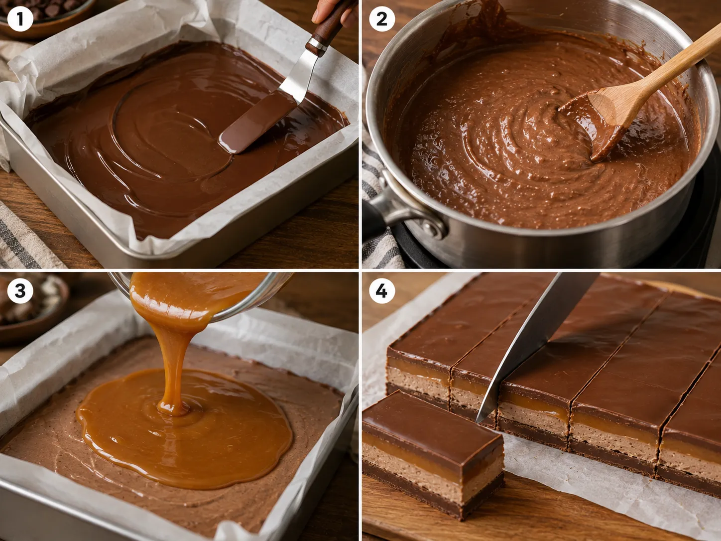 Four steps for layering and cutting homemade Milky Way bars