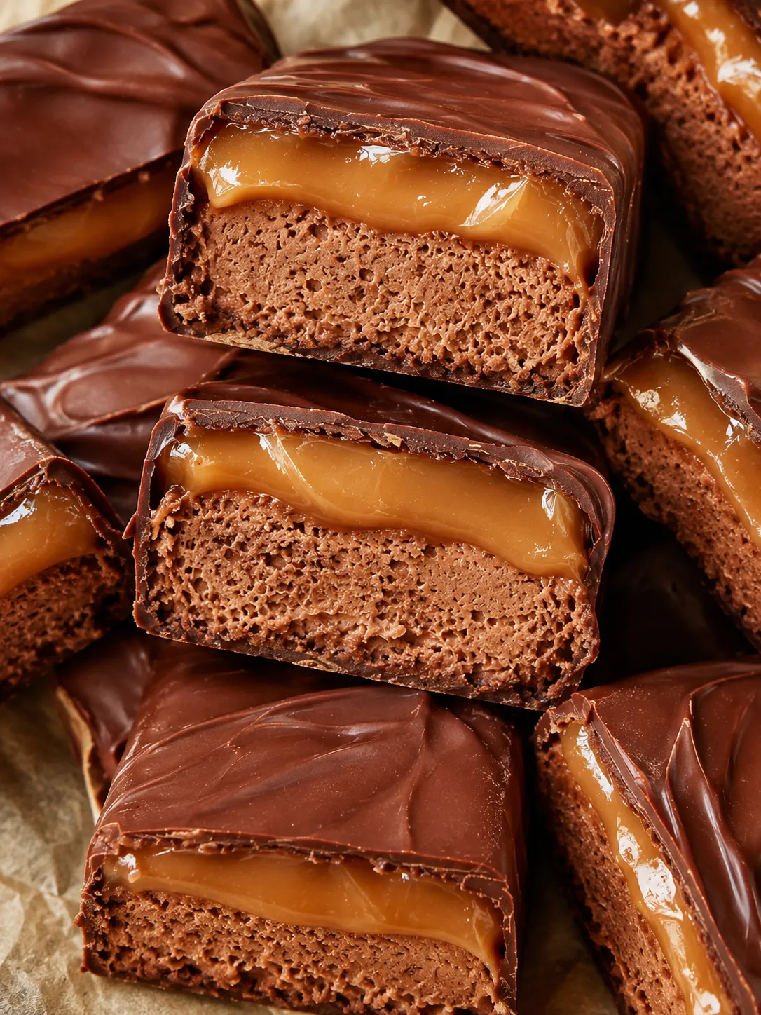 Top-down homemade Milky Way bars with caramel and nougat layers