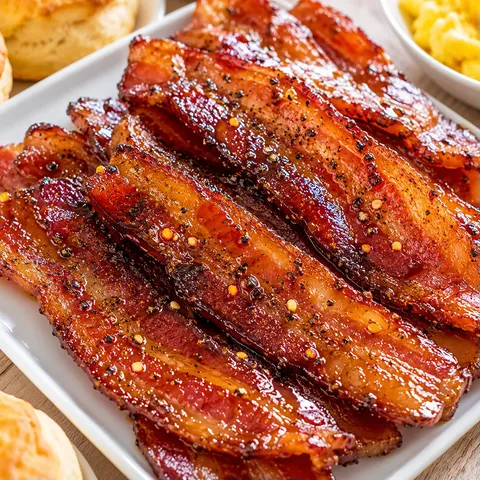 Glossy maple pepper candied bacon on a white brunch platter