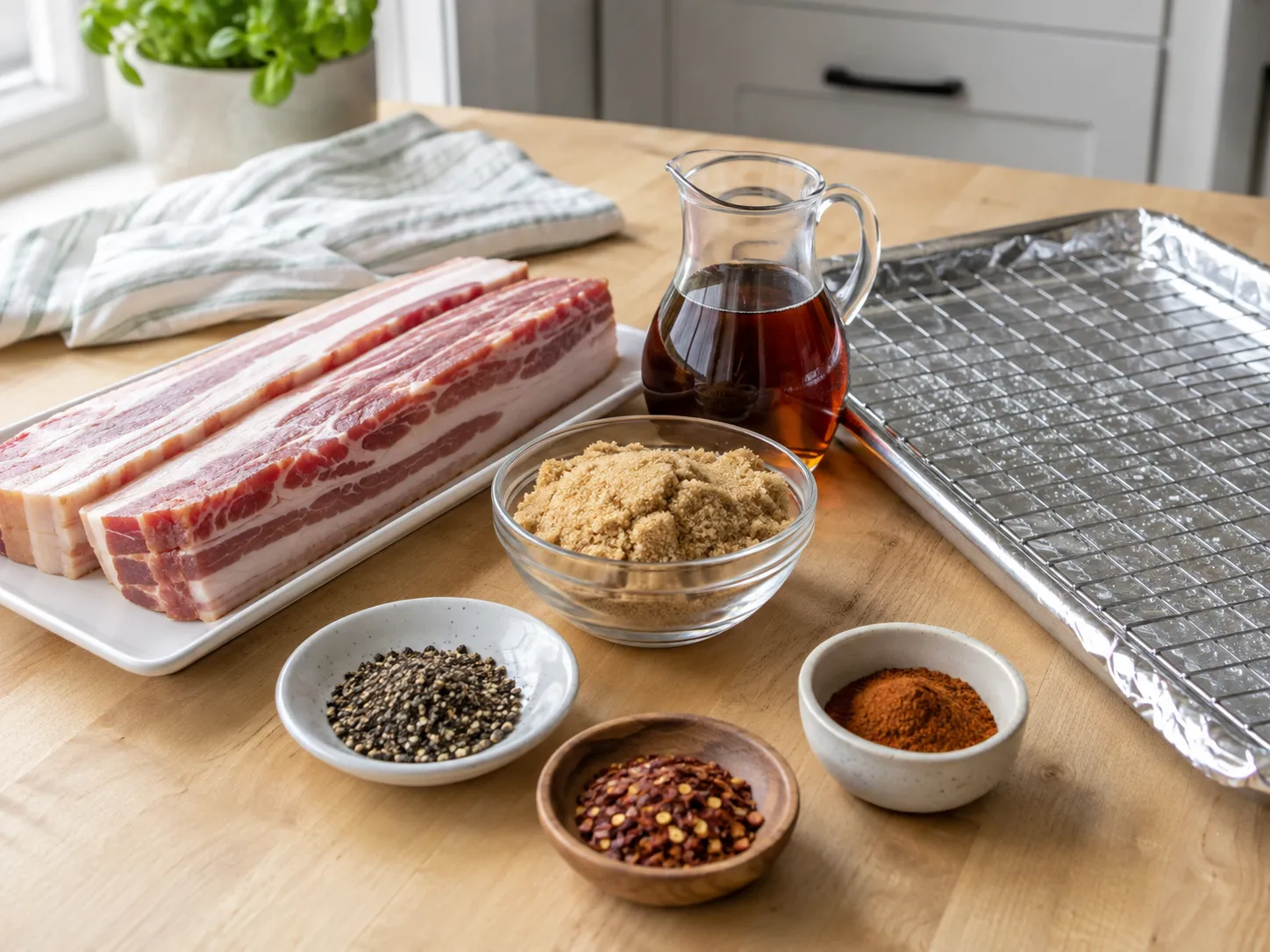 Thick bacon, maple syrup, brown sugar, and peppers ready for baking