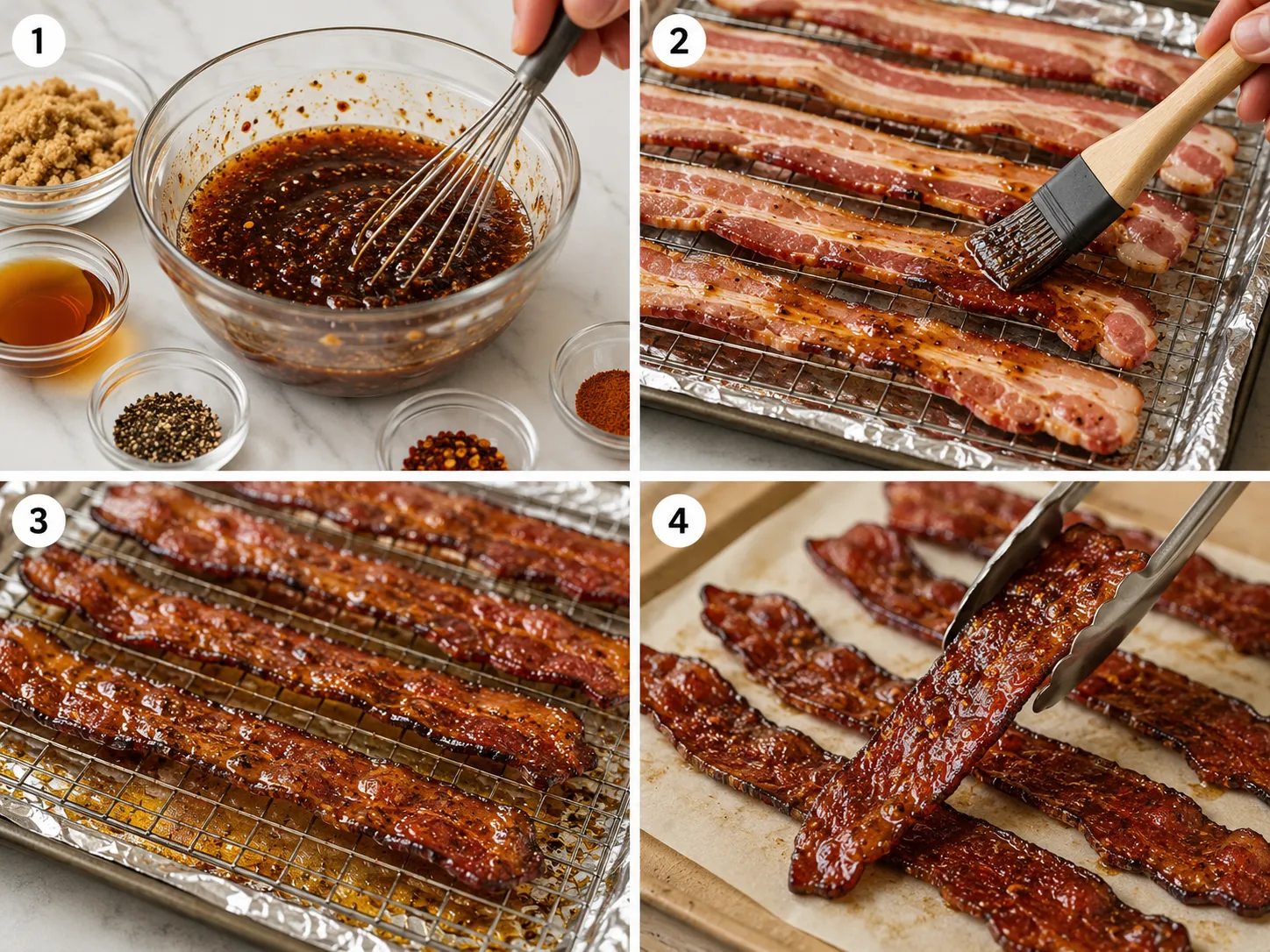 Four steps showing maple pepper bacon mixed, glazed, baked, and cooled