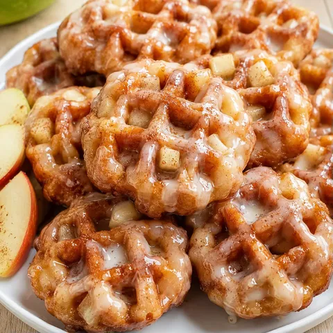 Glazed mini apple fritter waffle donuts stacked on a white plate