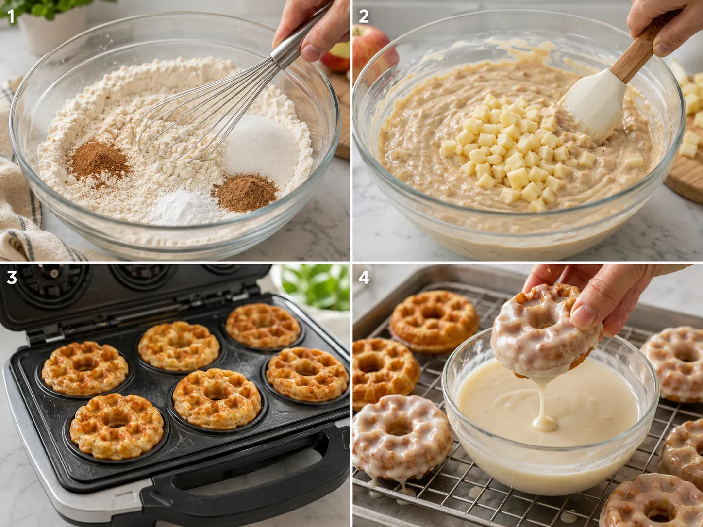 Four steps for mixing, cooking, and glazing apple waffle donuts