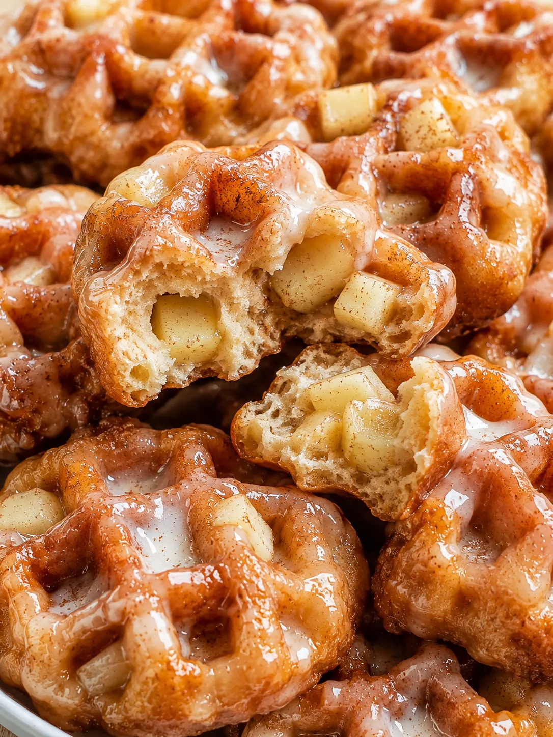 Glazed mini apple fritter waffle donuts with one broken open