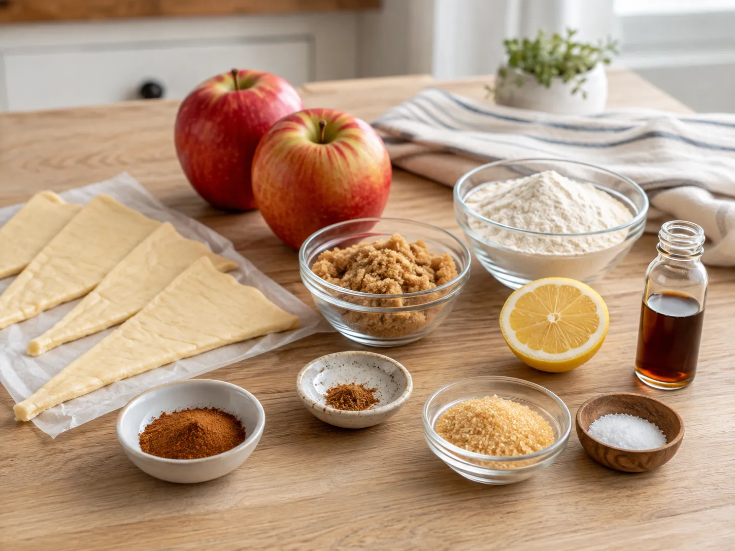 Ingredients for Mini Apple Pie Bites with apples, dough, cinnamon, and butter