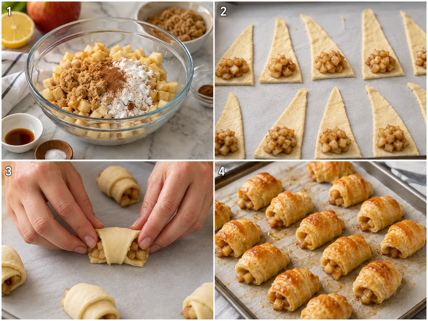 Four steps for making Mini Apple Pie Bites from filling to baked pastries