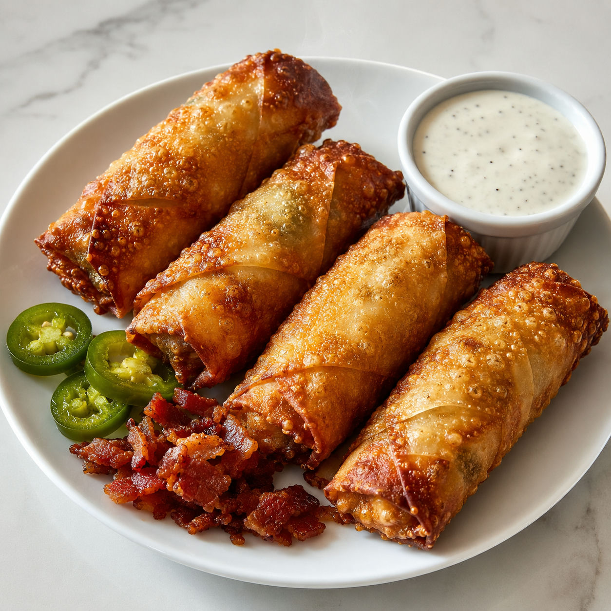Crispy mini jalapeño popper egg rolls with ranch dipping sauce on a white ceramic plate