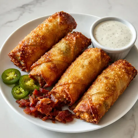 Crispy mini jalapeño popper egg rolls with ranch dipping sauce on a white ceramic plate
