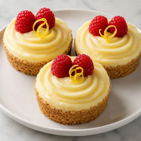 Mini no-bake lemon cheesecake tarts on a white plate with raspberries and lemon zest