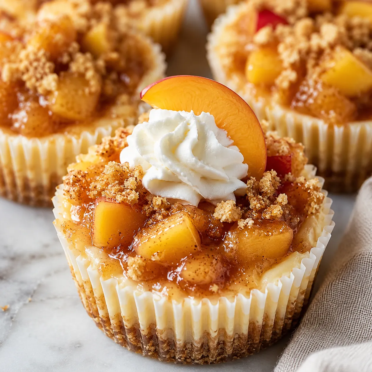 Mini peach cobbler cheesecakes with crumb topping and peach slices