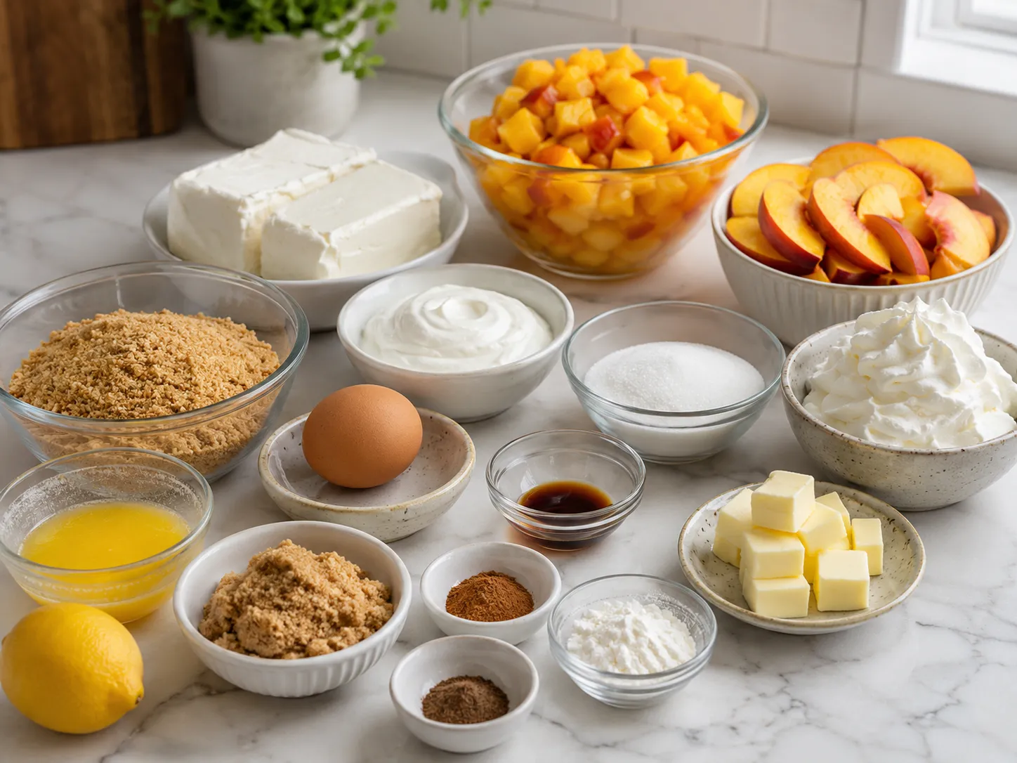 Ingredients for mini peach cobbler cheesecakes on a marble counter